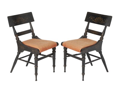 Lot 291 - Pair of Black Painted and Gilt Stenciled Side Chairs