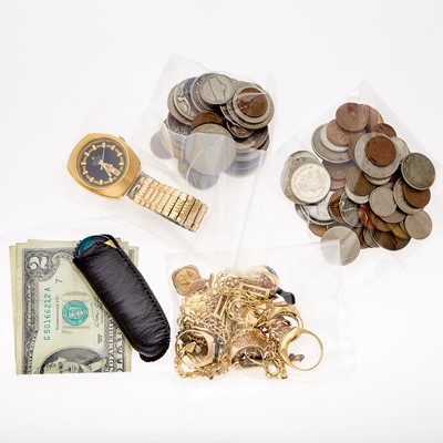 Lot 2030 - Group of Gold, Low Karat Gold, Gold-Filled and Metal Jewelry and Wristwatch, and Group of United States Coins and Banknotes