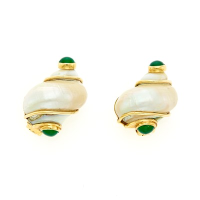 Lot 1026 - Seaman Schepps Pair of Gold, Shell and Green Onyx 'Turbo Shell' Earclips