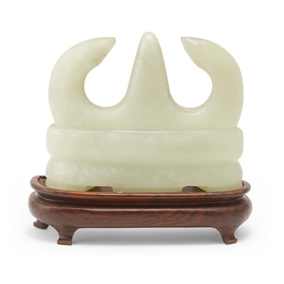 Lot 447 - A Chinese Celadon Jade Brush Holder and Stand