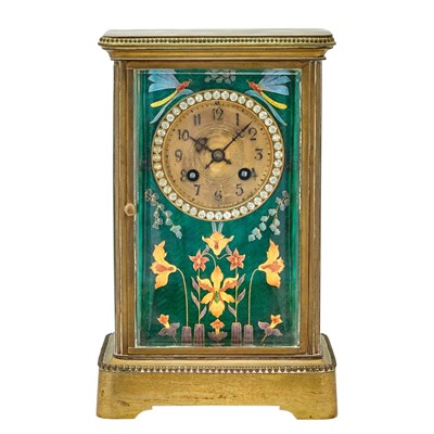 Lot 303 - French Art Nouveau Gilt-Brass, Enameled and "Jeweled" Mantel Clock