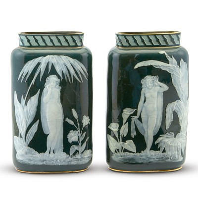 Lot 408 - Pair of Pâte-sur-Pâte Porcelain Orientalist Cabinet Vases