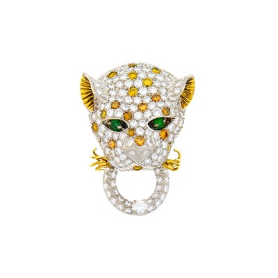 Lot 1134 - Two-Color Gold, Diamond, Colored Diamond and Emerald Panther Head Clip-Brooch