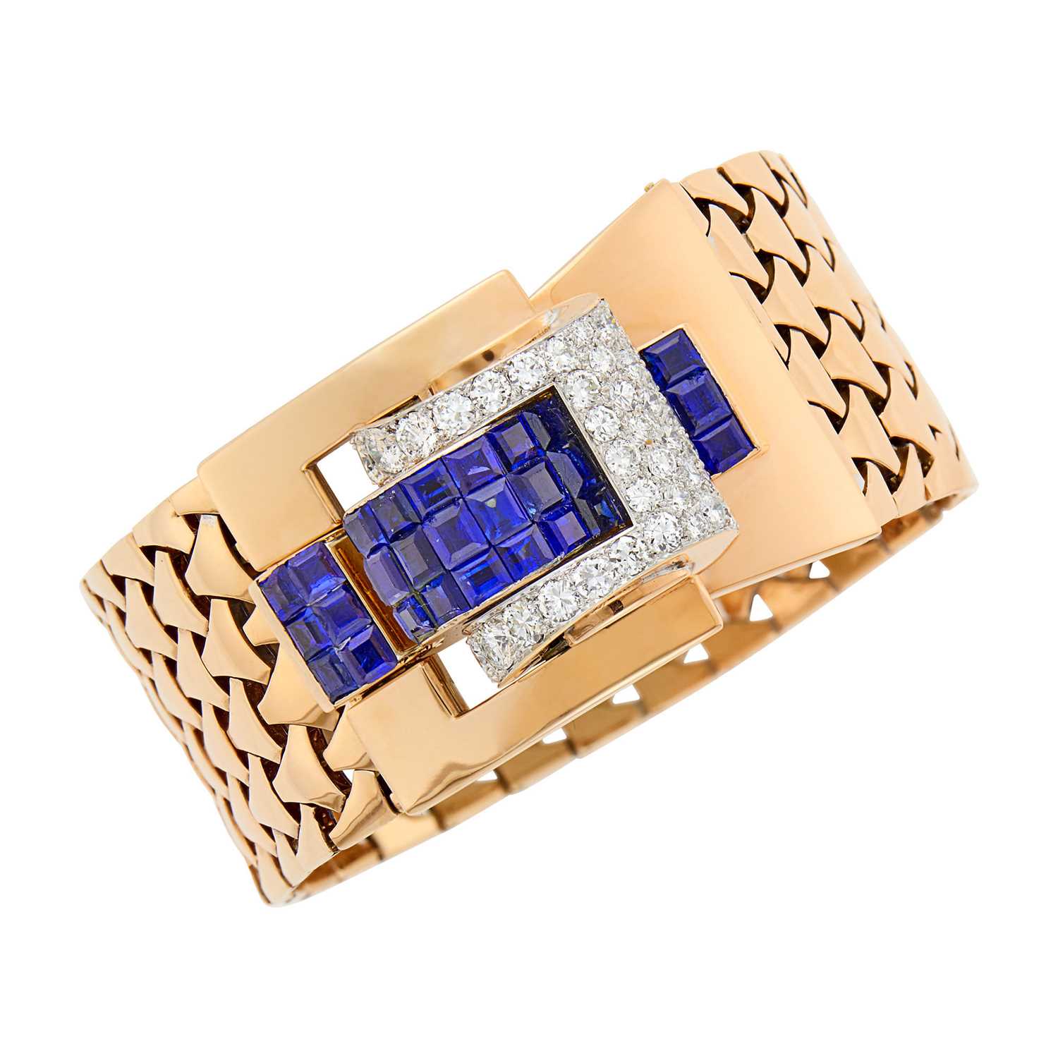 Lot 260 - Ostertag Rose Gold, Platinum, Invisibly-Set Sapphire and Diamond Buckle Bracelet, France