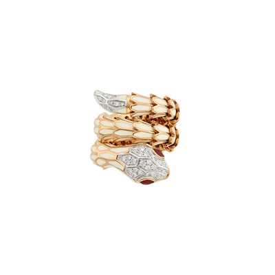 Lot 115 - Alexis Rose Gold-Plated Silver, White Gold, Enamel and Diamond Serpent Ring