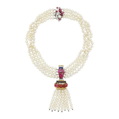 Lot 1077 - Four Strand Cultured Pearl, Two-Color Gold, Ruby, Sapphire and Diamond Choker Tassel Necklace