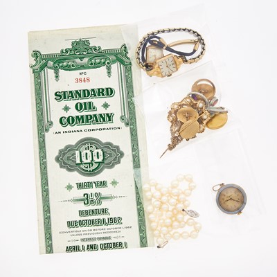 Lot 2044 - Group of Gold, Low Karat Gold, Gold-Filled, Metal and Cultured Pearl Jewelry and Wristwatches and Standard Oil Company Debenture Certificate