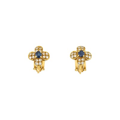 Lot 2224 - Pair of Gold, Sapphire and Diamond Flower Earclips