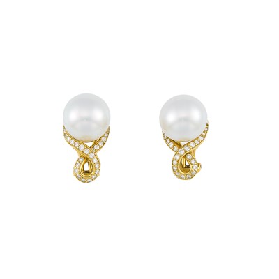 Lot 2006 - Pair of Gold, South Sea Cultured Pearl and Diamond Earclips