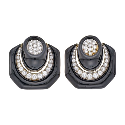 Lot 1045 - Pair of Two-Color Gold, Black Enamel and Diamond Door Knocker Earrings