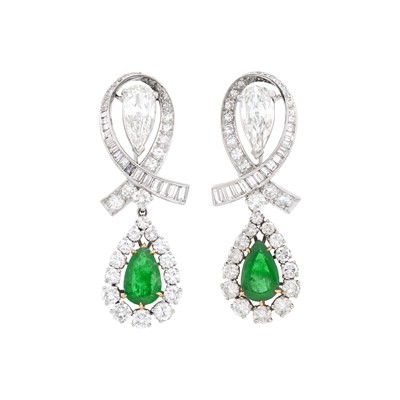 Lot 1213 - Pair of Platinum, Gold, Diamond and Emerald Pendant-Earrings