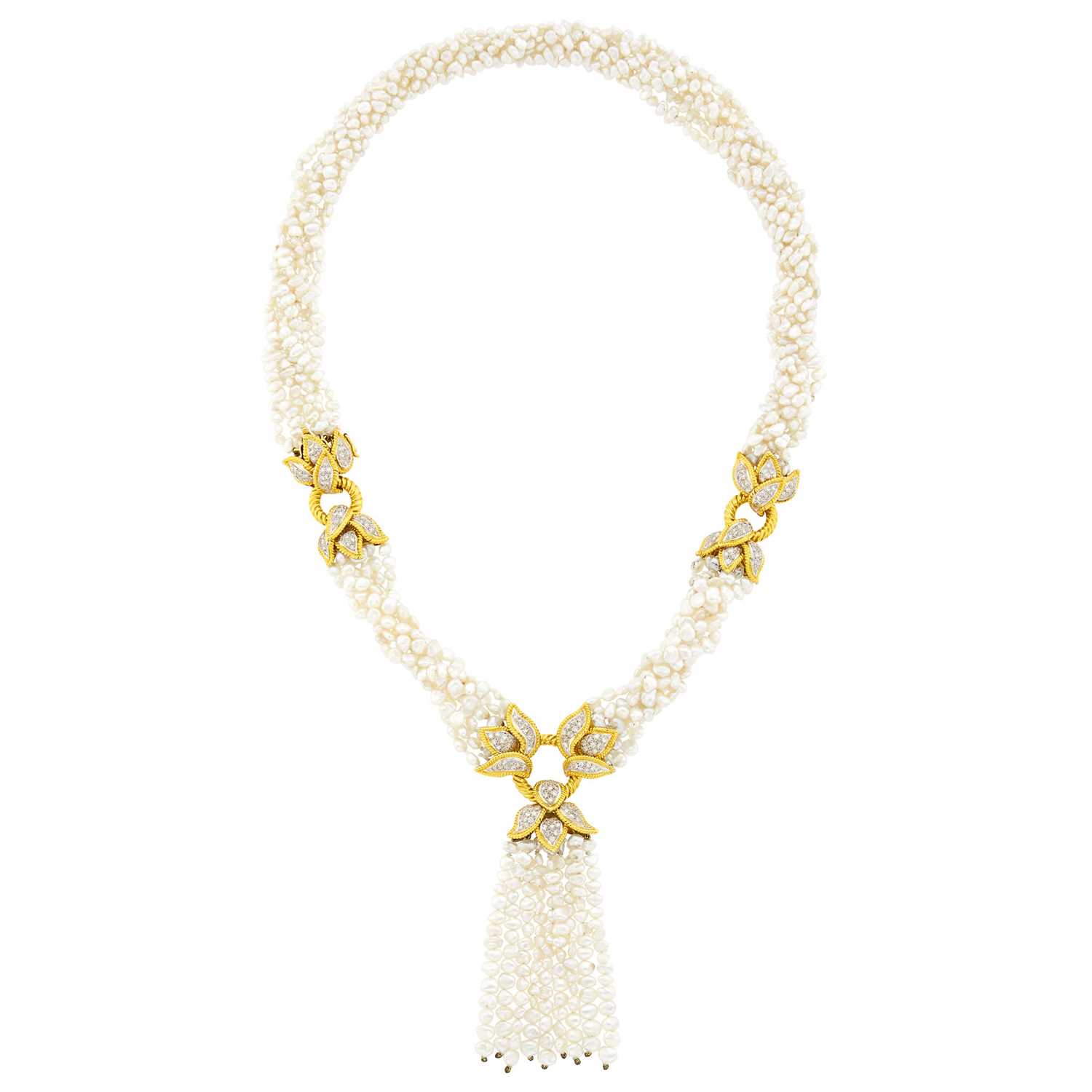 Lot 1113 - Twisted Seven Strand Baroque Freshwater Pearl, Two-Color Gold and Diamond Tassel Necklace