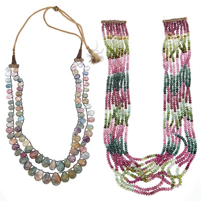 Lot 2188 - Multistrand Tourmaline Beads and Double Strand Sapphire Bead Necklace with Cord