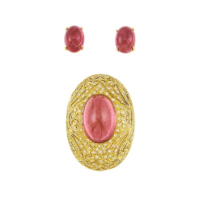 Lot 2160 - Gold, Cabochon Pink Tourmaline and Diamond Clip-Brooch and Pair of Earclips