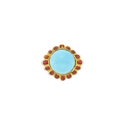 Lot 19 - David Webb Gold, Turquoise and Red Enamel Ring
