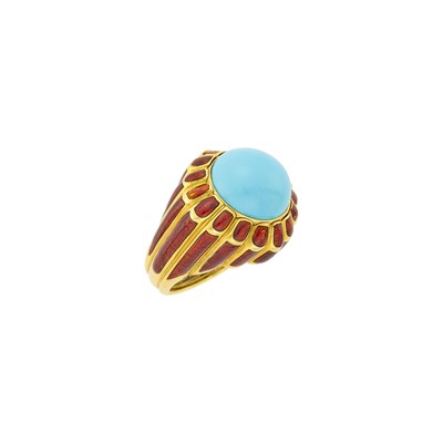 Lot 19 - David Webb Gold, Turquoise and Red Enamel Ring