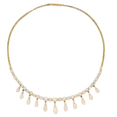 Lot 2199 - Gold, White Opal and White Sapphire Fringe Necklace
