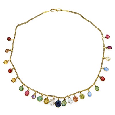 Lot 2055 - Gold and Multicolored Stone Fringe Necklace