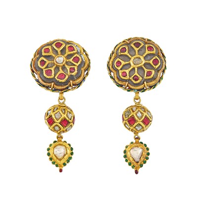 Lot 1079 - Pair of Indian Gold, Jaipur Enamel, Foil-Backed Diamond and Paste Pendant-Earrings