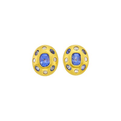 Lot 108 - Darlene de Sedle Pair of Gold, Sapphire and Diamond Earrings