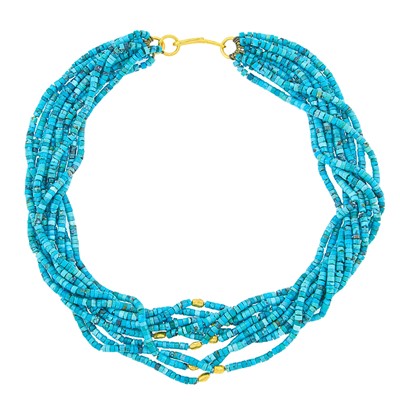 Lot 2219 - Attributed to Darlene de Sedle Ten Strand Turquoise Bead and High Karat Gold Necklace