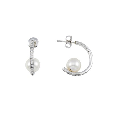 Lot 2103 - Mikimoto Pair of White Gold, Cultured Pearl and Diamond Half-Hoop Earrings