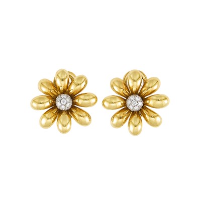 Lot 2163 - Chantecler Pair of Two-Color Gold and Diamond Flower Earrings
