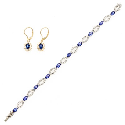 Lot 1161 - White Gold, Tanzanite and Diamond Bracelet and Pair of Gold, Sapphire and Diamond Pendant-Earrings