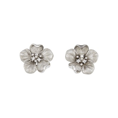 Lot 2239 - Pair of White Gold and Diamond Flower Earrings