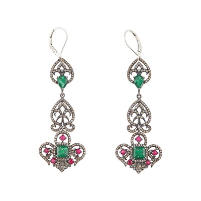 Lot 2066 - Pair of Silver-Gilt, Emerald, Ruby and Colored Diamond Pendant-Earrings