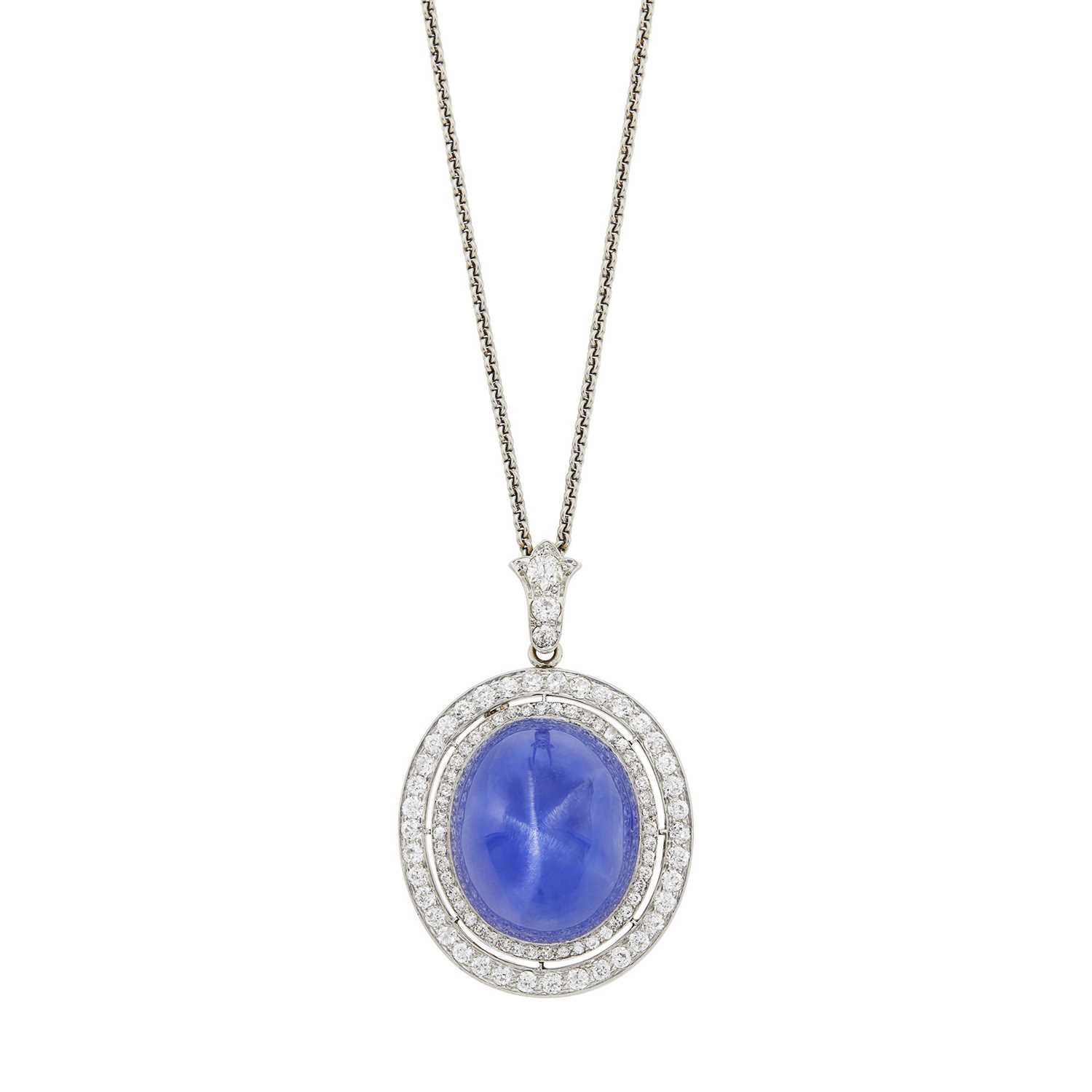 Lot 139 - Frank Walter Lawrence Platinum, Gold, Star Sapphire and Diamond Pendant-Brooch with Chain Necklace