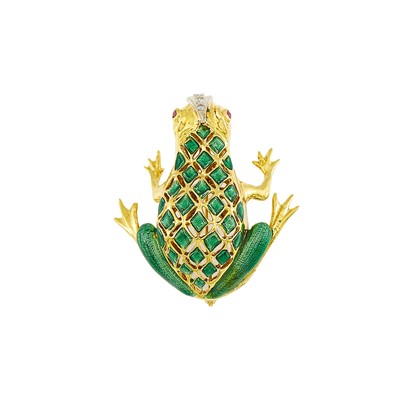 Lot 2034 - Two-Color Gold, Green Enamel and Diamond Frog Brooch
