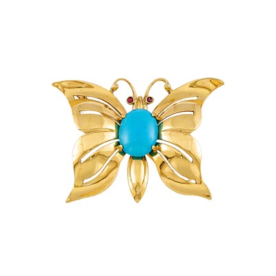 Lot 2049 - Gold, Turquoise and Ruby Butterfly Brooch
