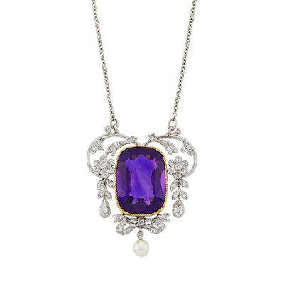 Lot 147 - Belle Èpoque Platinum, Gold, Amethyst, Diamond and Pearl Pendant-Necklace