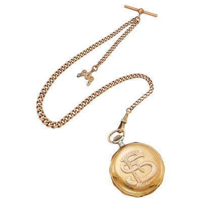 Lot 2282 - Gold Hunting Case Pocket Watch with Low Karat Gold Watch Fob Chain