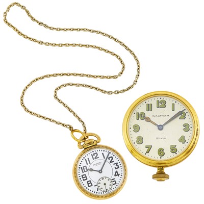 Lot 2283 - Waltham Gilt-Metal '8 Day' Travel Clock and Crosby, Gold-Filled Open Face Pocket Watch