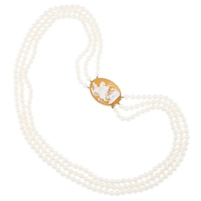 Lot 2245 - Triple Strand Cultured Pearl Necklace with Gold and Cameo Clasp