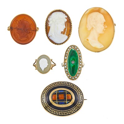 Lot 2076 - Three Gold, Metal and Cameo Pins, Low Karat Gold and Enamel Brooch and Two Cameo, Enamel and Seed Pearl Rings