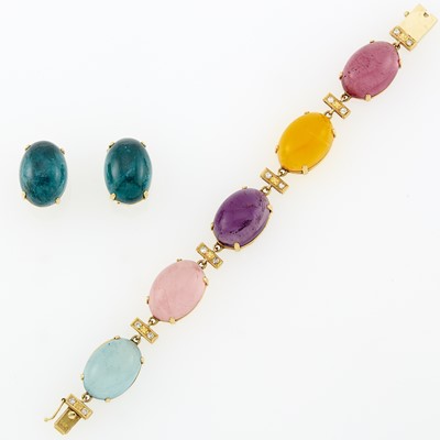 Lot 1144 - Gold and Cabochon Gem-Set Bracelet and Pair of Earrings