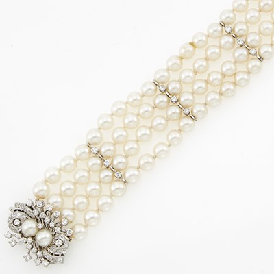 Lot 1154 - Four Strand Cultured Pearl, White Gold and Diamond Bracelet