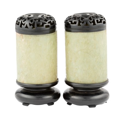 Lot 520 - A Pair of Chinese Hardstone Cylindrical Vases with Wood Covers