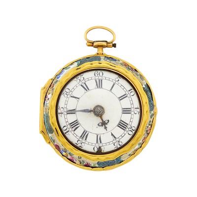 Lot 37 - Wallats London Antique Gold Repoussé and Enamel Pair-Cased Fusée/Verge Open Face Pocket Watch, No. 13259