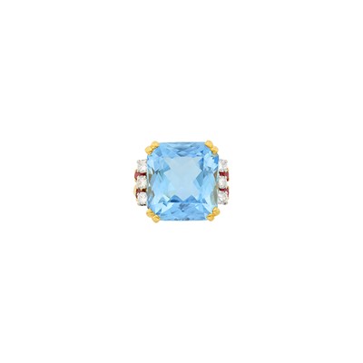 Lot 151 - Gold, Platinum, Aquamarine, Ruby and Diamond Ring, France
