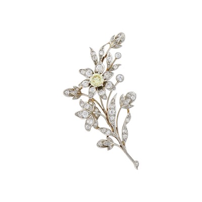Lot 130 - Antique Gold, Platinum, Colored Diamond and Diamond Flower Brooch