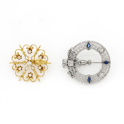 Lot 1161 - Gold and Diamond Brooch and White Gold, Synthetic Sapphire and Diamond Wreath Brooch