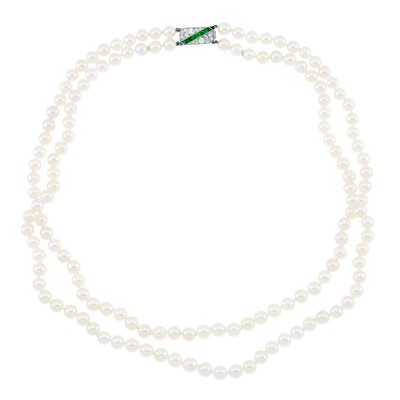 Lot 2256 - Double Strand Cultured Pearl Necklace with Platinum, Emerald and Diamond Clasp
