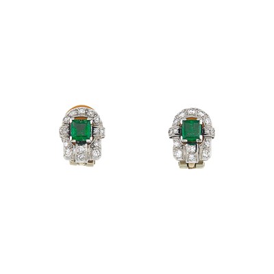 Lot 2097 - Pair of Platinum, White Gold, Emerald and Diamond Earclips