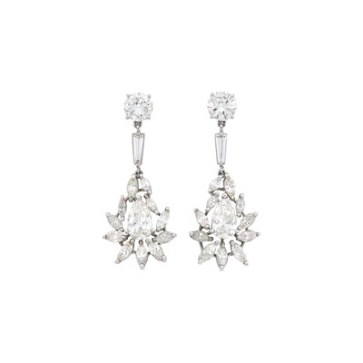 Lot 136 - Pair of Platinum and Diamond Pendant-Earrings
