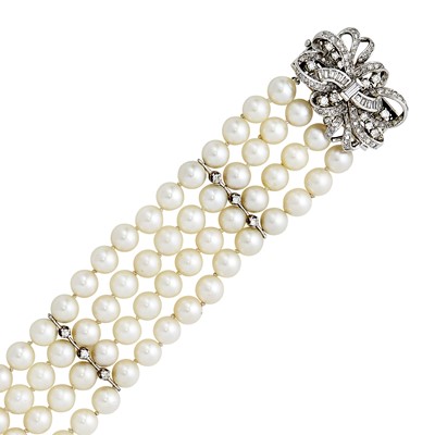 Lot 2104 - Four Strand Cultured Pearl, White Gold and Diamond Bracelet