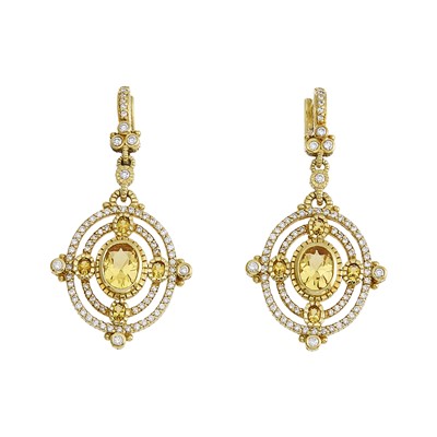 Lot 2142 - Judith Ripka Pair of Gold, Citrine and Diamond Pendant-Earrings